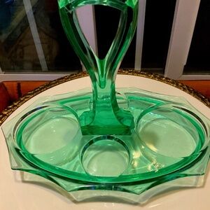 VINTAGE GREEN GLASS CONDIMENT SERVING TRAY